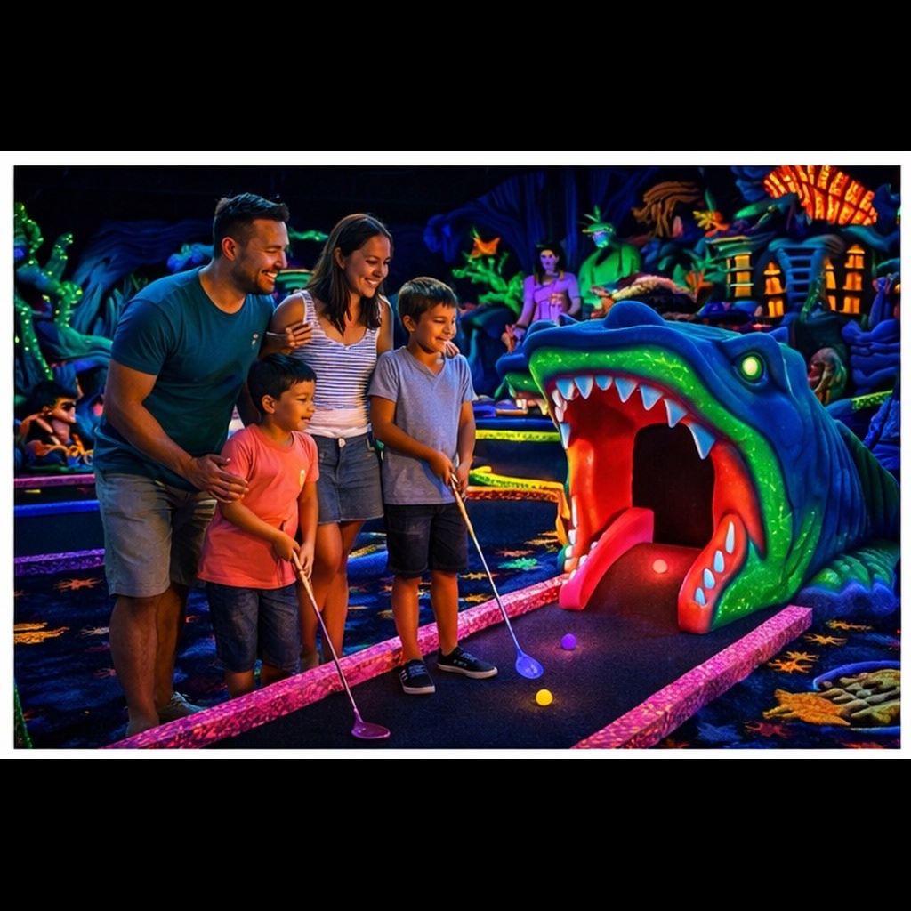 Indoor mini-golf with neon lights – 18 fun and immersive holes
